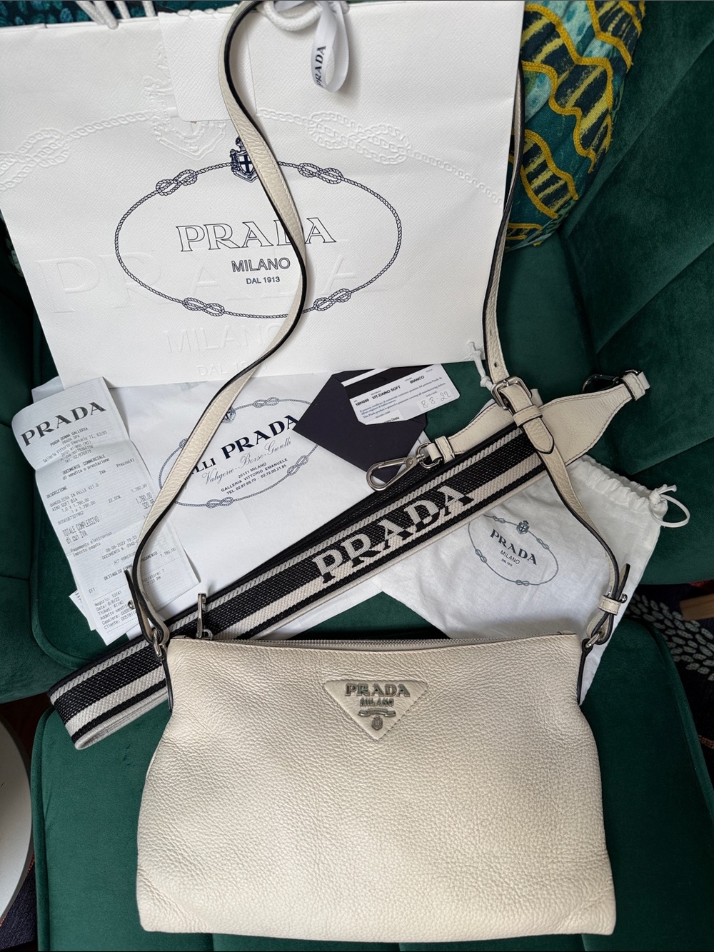 PRADA Vitello Daino pebbled leather cream-white crossbody shoulder bag 2 straps
